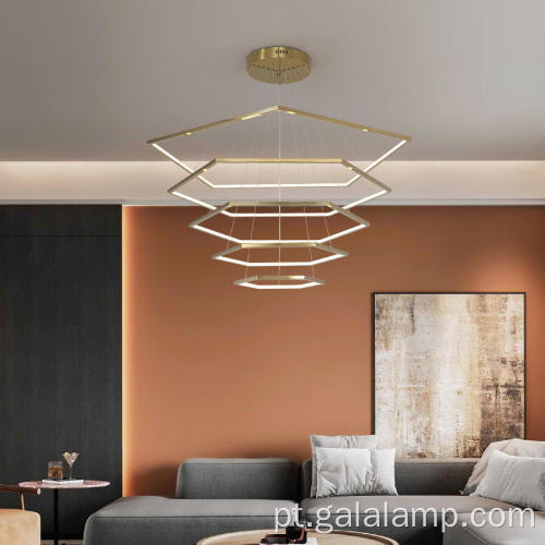 Lustre LED dourado hexagonal moderno e minimalista com 3 anéis
